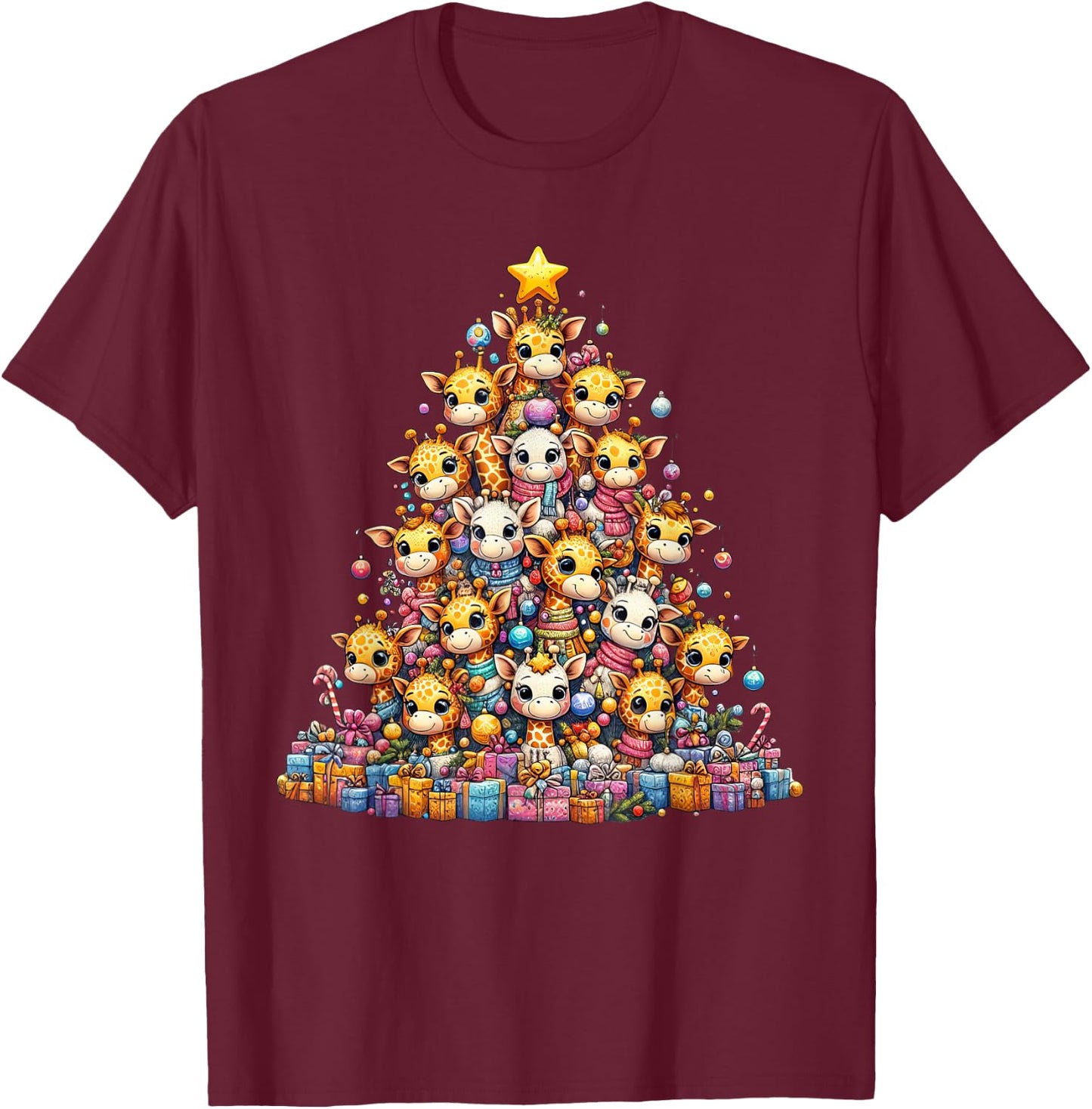 Cute Giraffe Christmas Tree Kids Funny T-Shirt - T-Shirt | Maroon