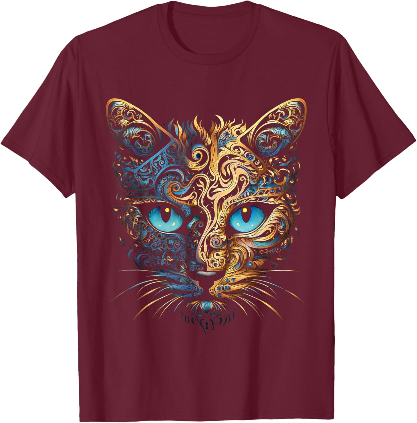 Cat Fantasy Blue Eyes Mandala Animal Art Cat , black T-Shirt - T-Shirt | Maroon