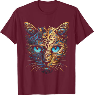 Cat Fantasy Blue Eyes Mandala Animal Art Cat , black T-Shirt - T-Shirt | Maroon
