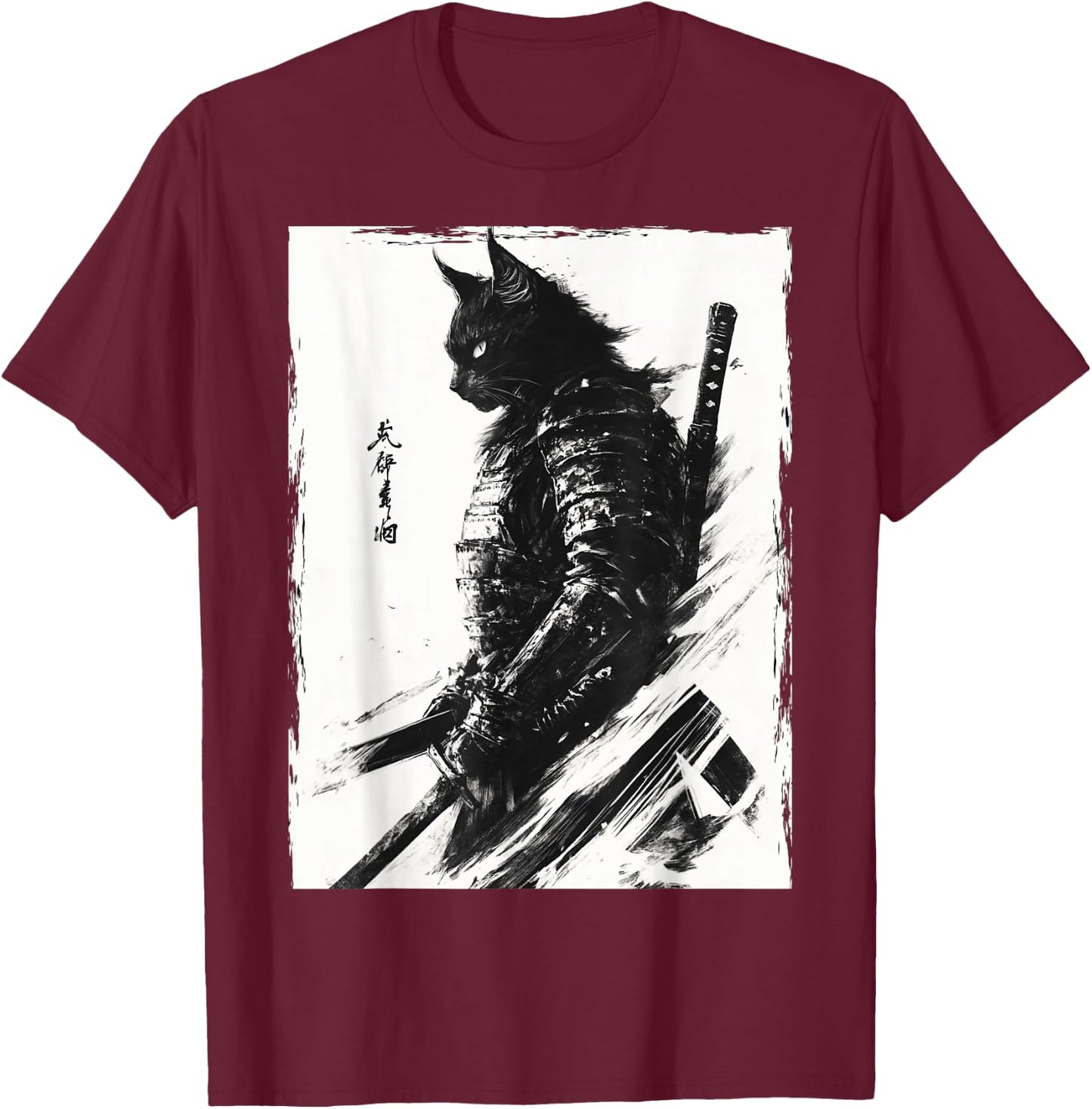 Samurai Warrior Cat Vintage Japanese Art Anime T-Shirt - T-Shirt | Maroon