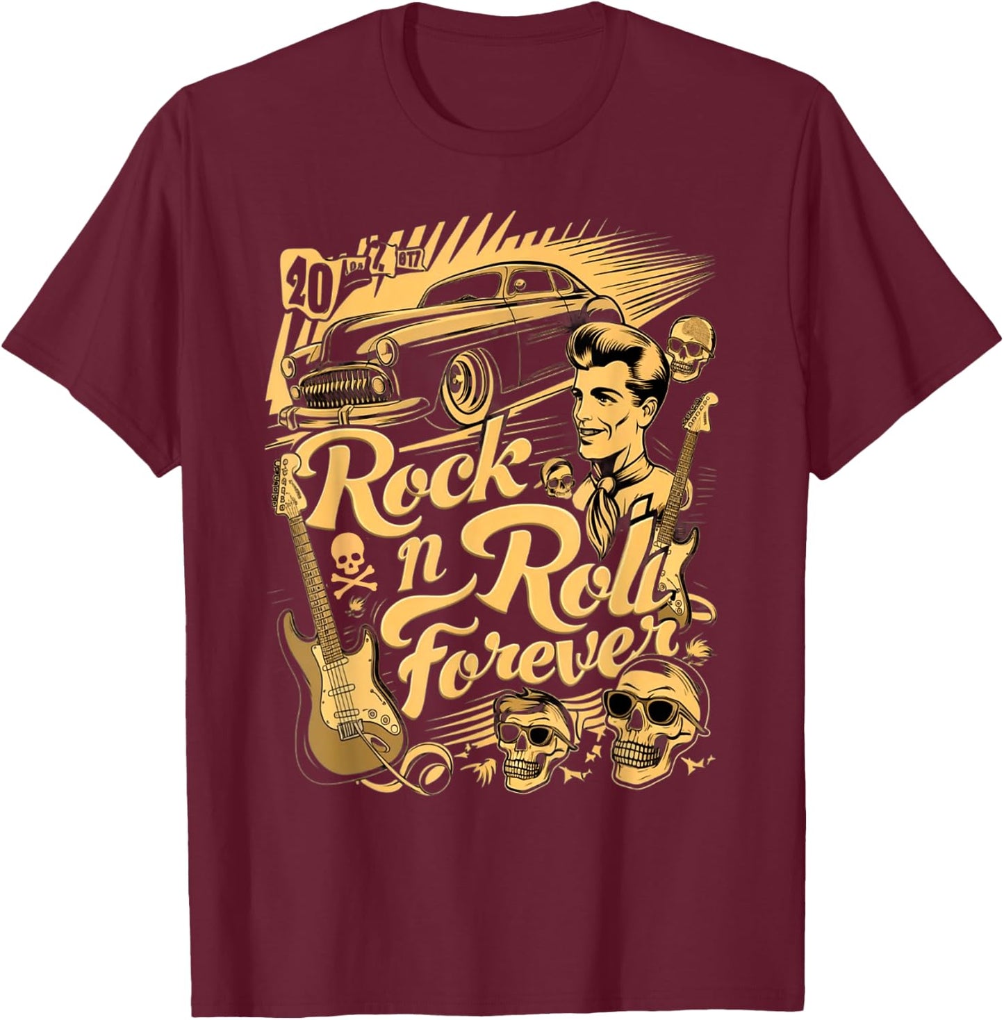Vintage Rock n Roll Retro Rockabilly 1950s , Black, S T-Shirt - T-Shirt | Maroon