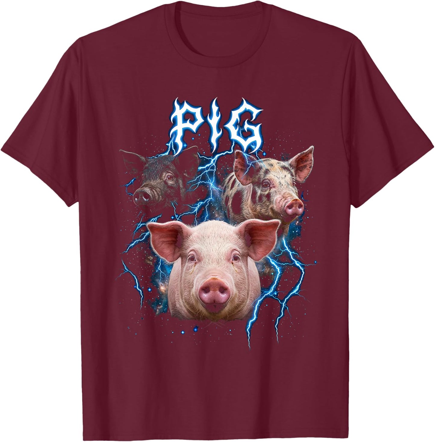 Pig Vintage 90s Heavy Metal Retro Pig Farm Animal Lover Pig T-Shirt - T-Shirt | Maroon