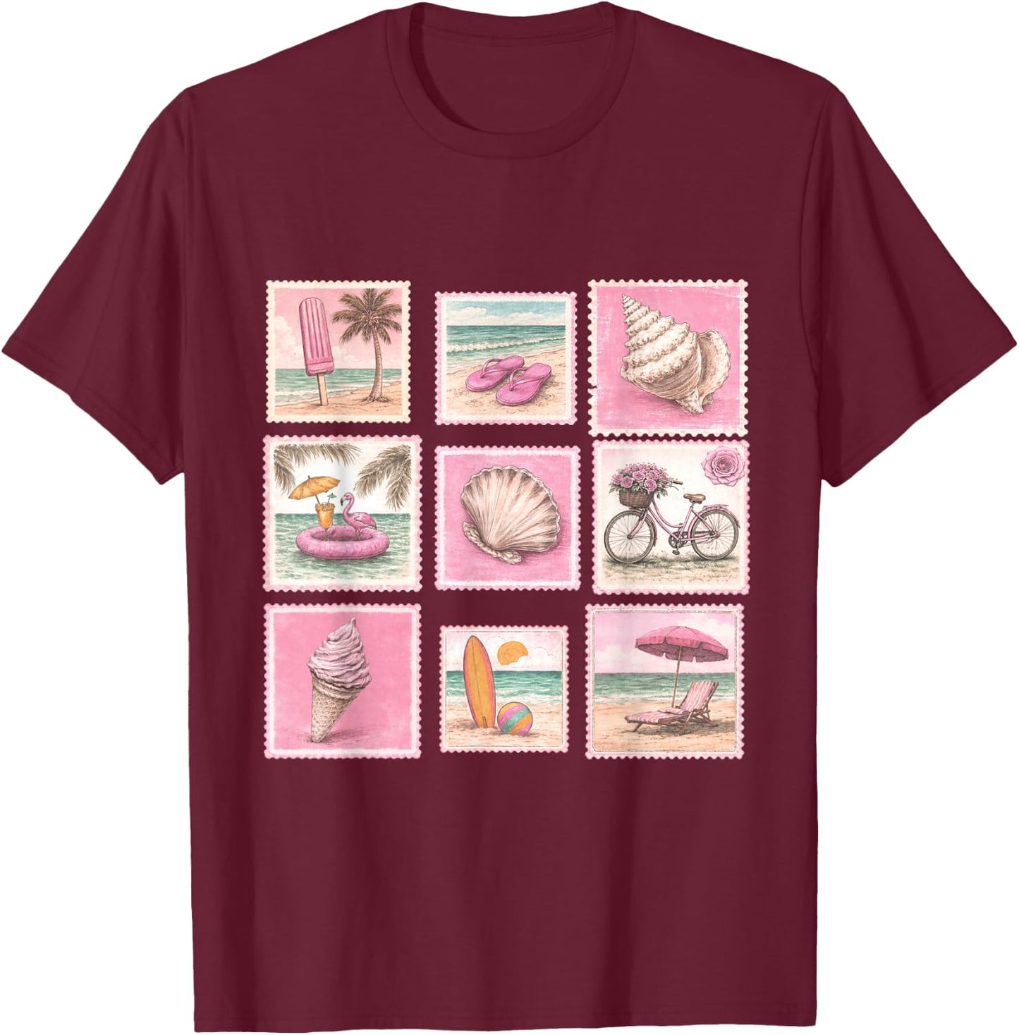 Vintage Beach Summer Beachy Stamp Cute Sea Lover T-Shirt - T-Shirt | Maroon