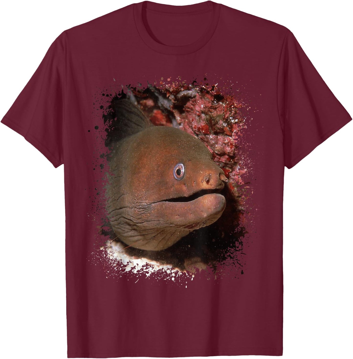 Moray Eel Photo Ocean Animal Splatter Art Aquarium T-Shirt - T-Shirt | Maroon
