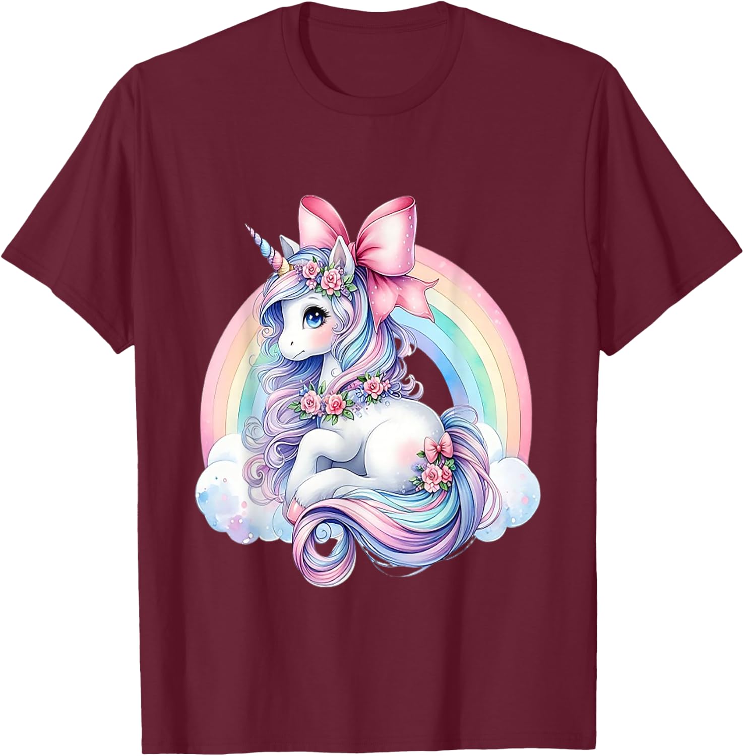 Rainbow Unicorn with Bow T-Shirt - T-Shirt | Maroon