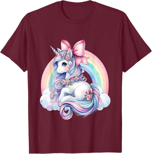 Rainbow Unicorn with Bow T-Shirt - T-Shirt | Maroon
