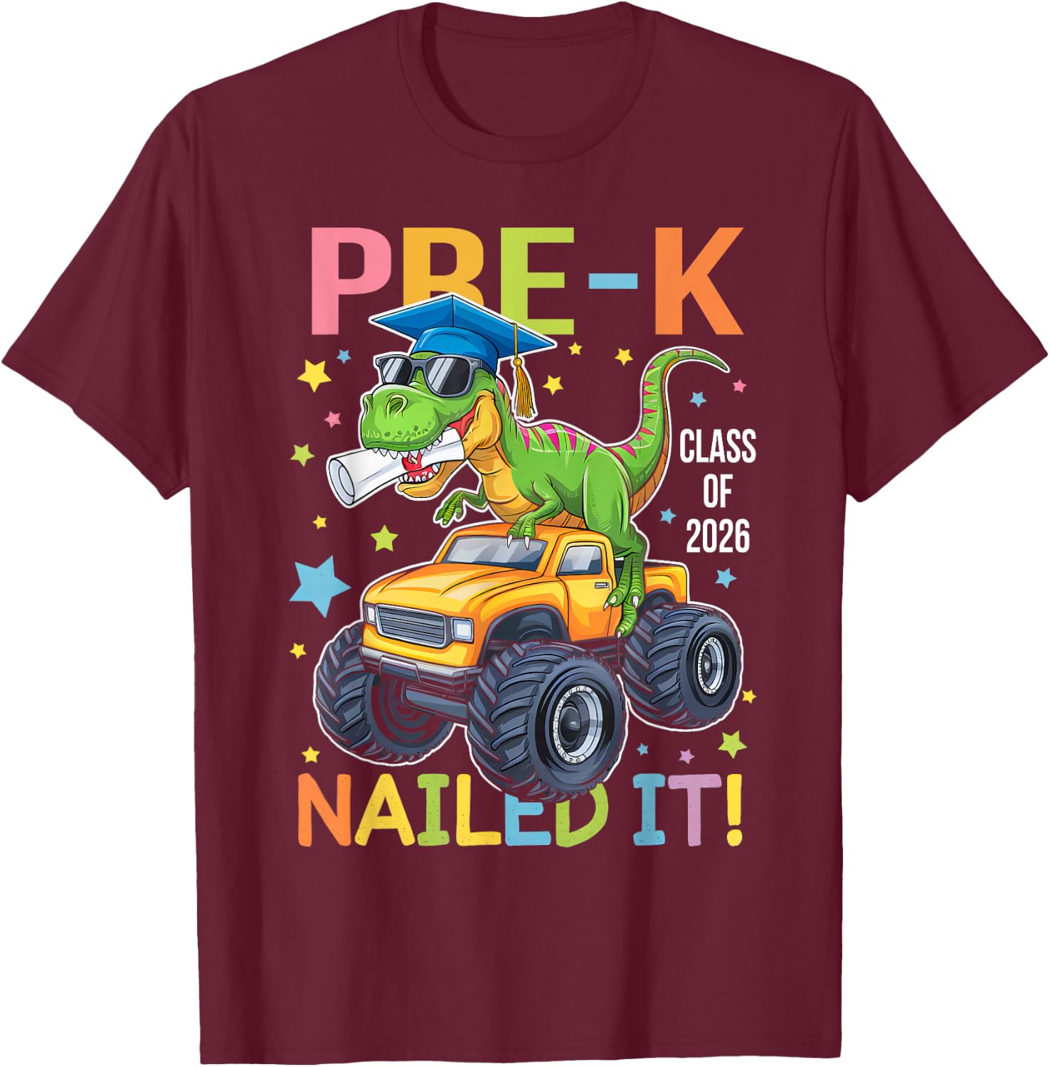 Pre-K Graduation Class Of 2026 Graduate Dinosaur Boys Kids T-Shirt - T-Shirt | Maroon