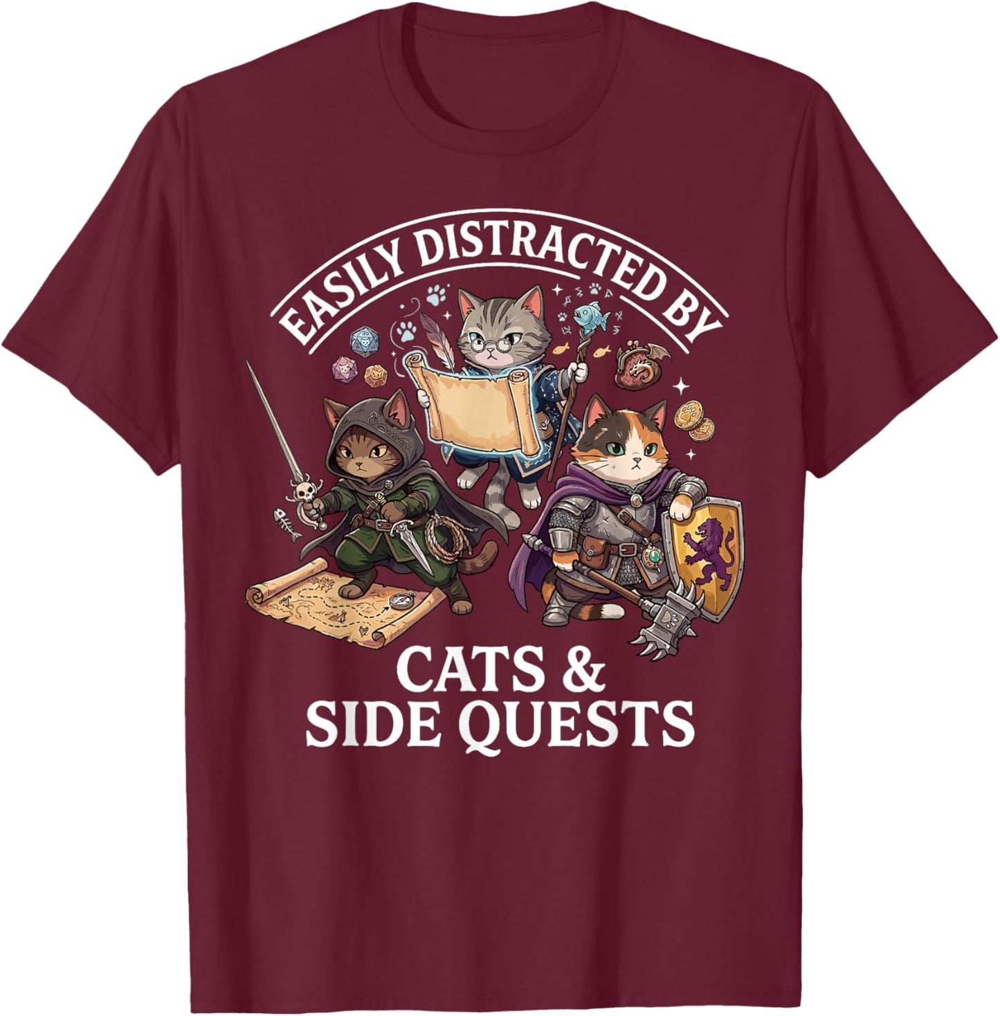 Easily Distracted by Cats Side Quests Funny Gamer RPG T-Shirt - T-Shirt | Maroon