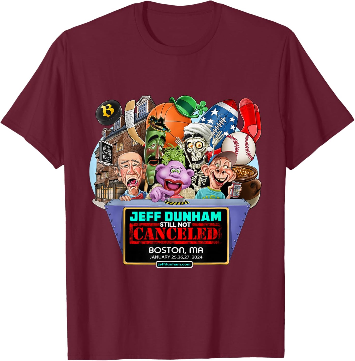 Jeff Dunham Boston, MA (2024) T-Shirt - T-Shirt | Maroon