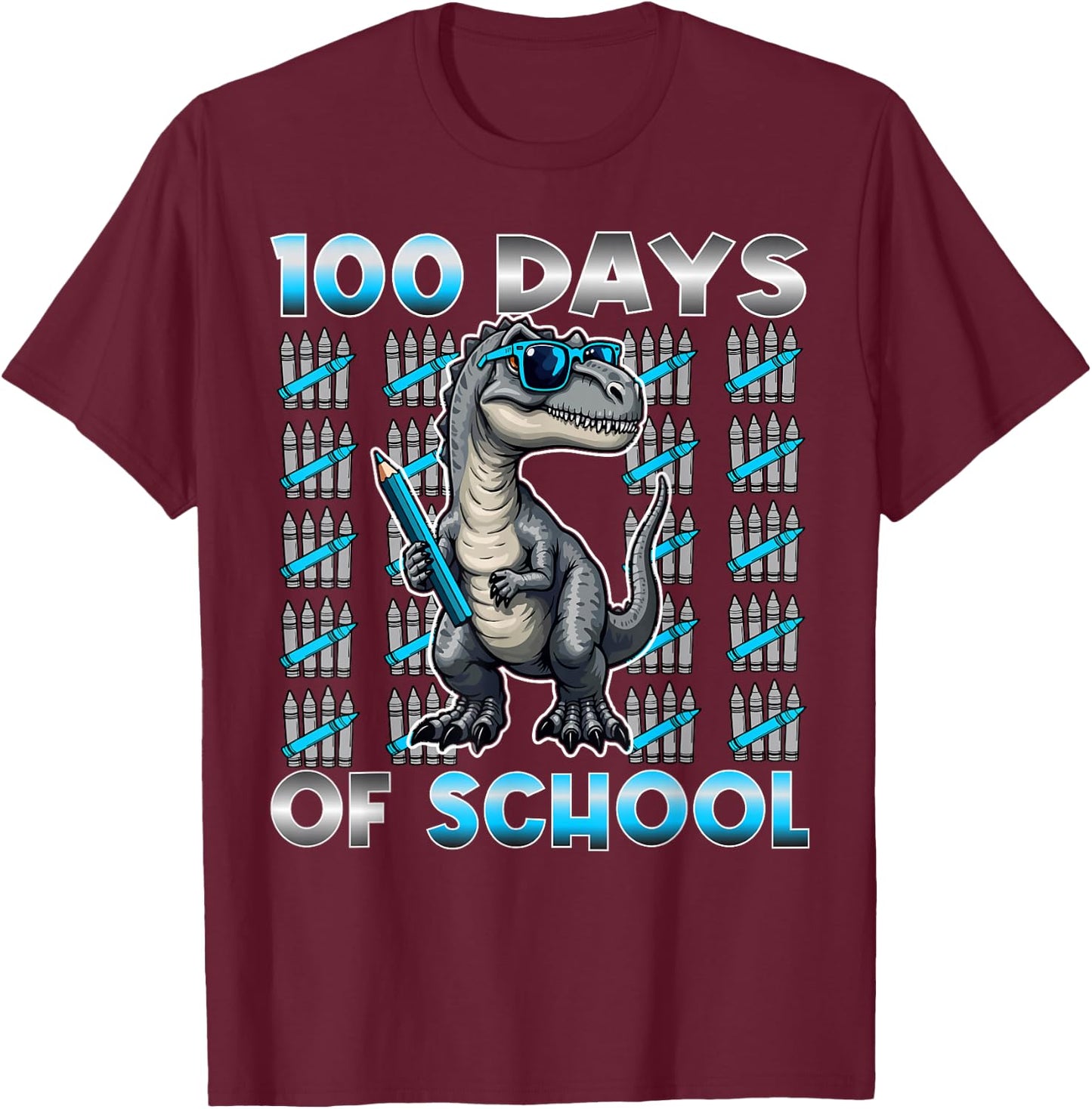 Dinosaur T Rex 100 Days of School Apparel 100 Days Smarter Kids -Kids Black Small Modern Straight Fit Cotton with Cartoon Dinosaur Pattern Short Sleeve T-Shirt - T-Shirt | Maroon