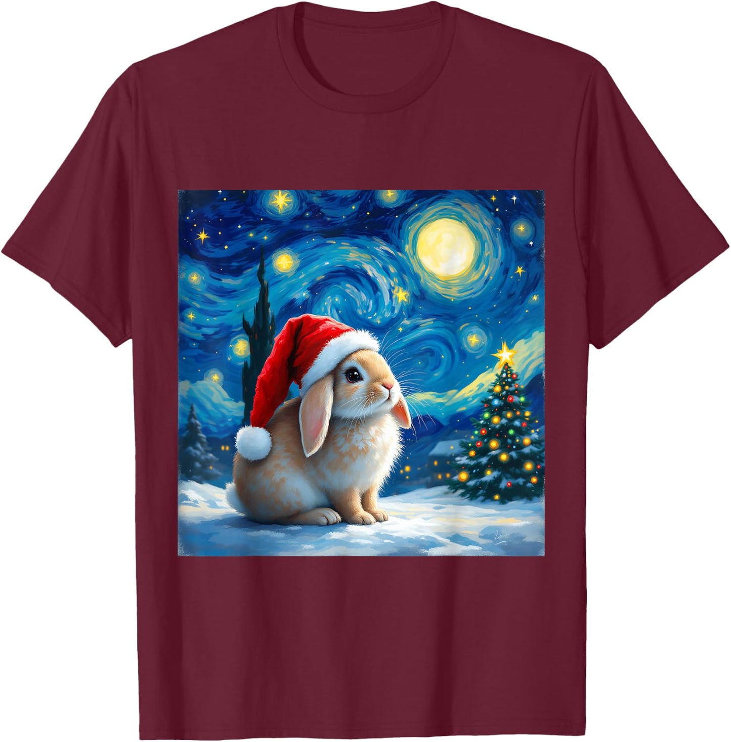 Christmas Rabbit Santa Hat Van Gogh Starry Night Holiday T-Shirt - T-Shirt | Maroon