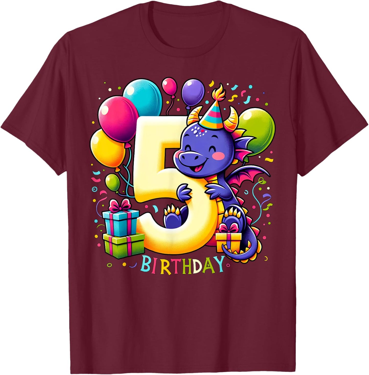 Boys, Girls, Kids turnung 5 birthday Dragon 5th Bday T-Shirt - T-Shirt | Maroon