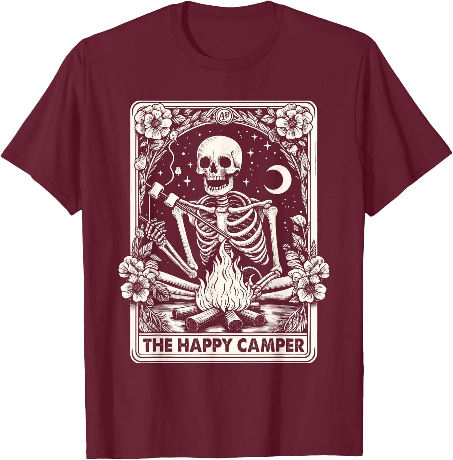 Happy Camper Card Skeleton Camper Camping Halloween T-Shirt - T-Shirt | Maroon