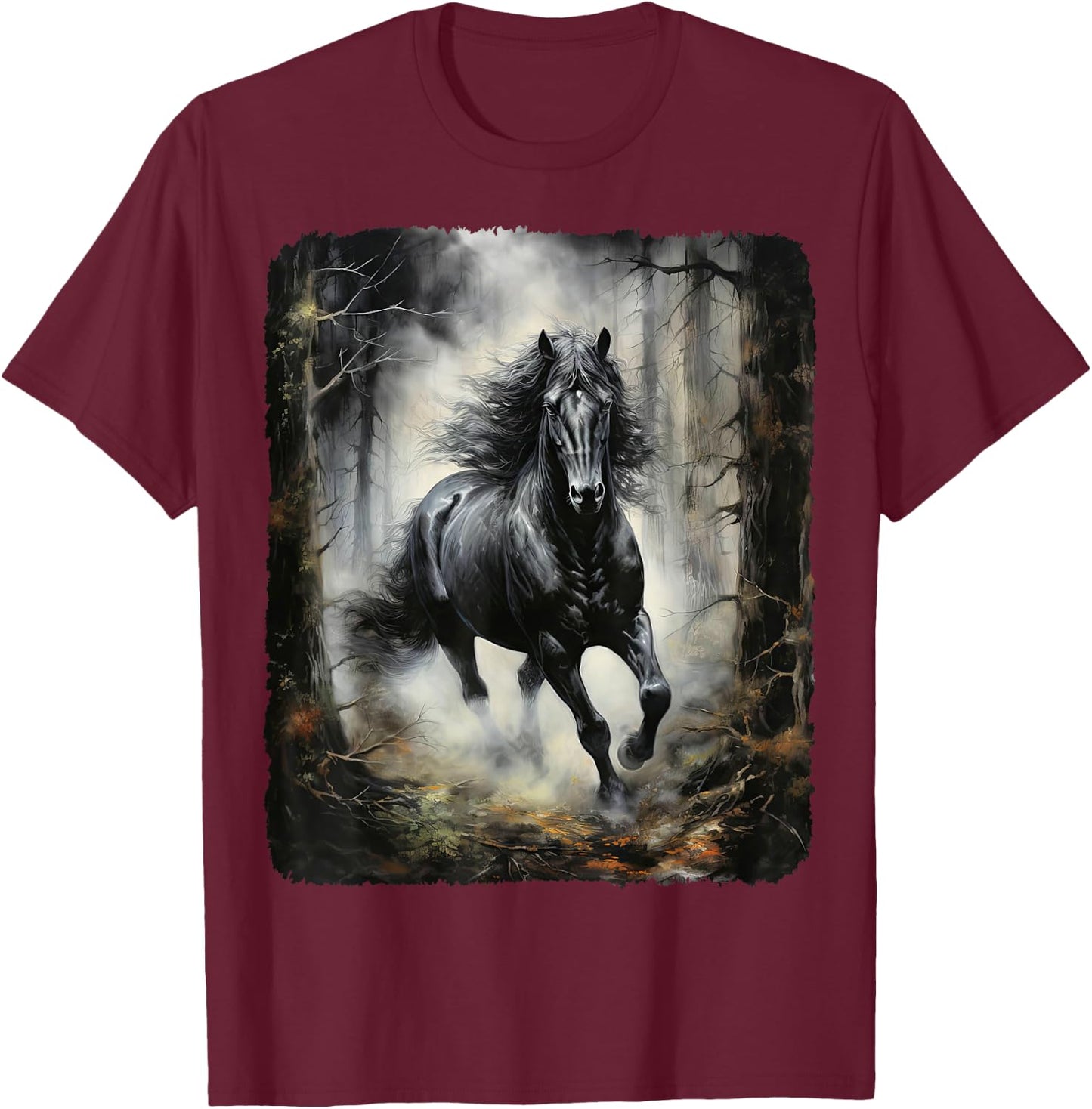 Schwarzes Pferd rennt durch den Wald in der Nacht T-Shirt - T-Shirt | Maroon