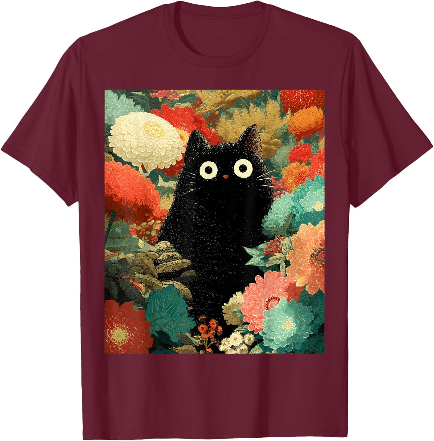 Japanische Schwarze Anime-Katze, Blumen, Sommer, Frühling, Herbst T-Shirt - T-Shirt | Maroon