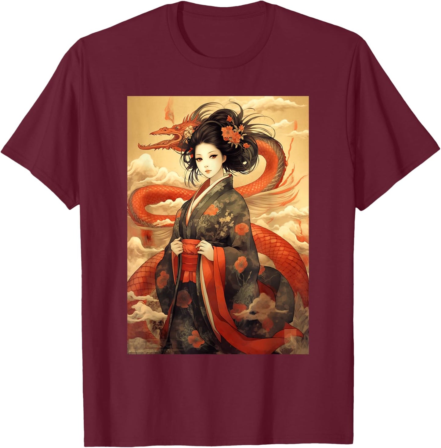 Japanese Geisha Kawaii In Kimono Dragon Japan T-Shirt - T-Shirt | Maroon