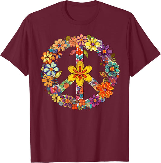 Groovy Tie Dye Peace Love Flowers Retro Hippie , black T-Shirt - T-Shirt | Maroon