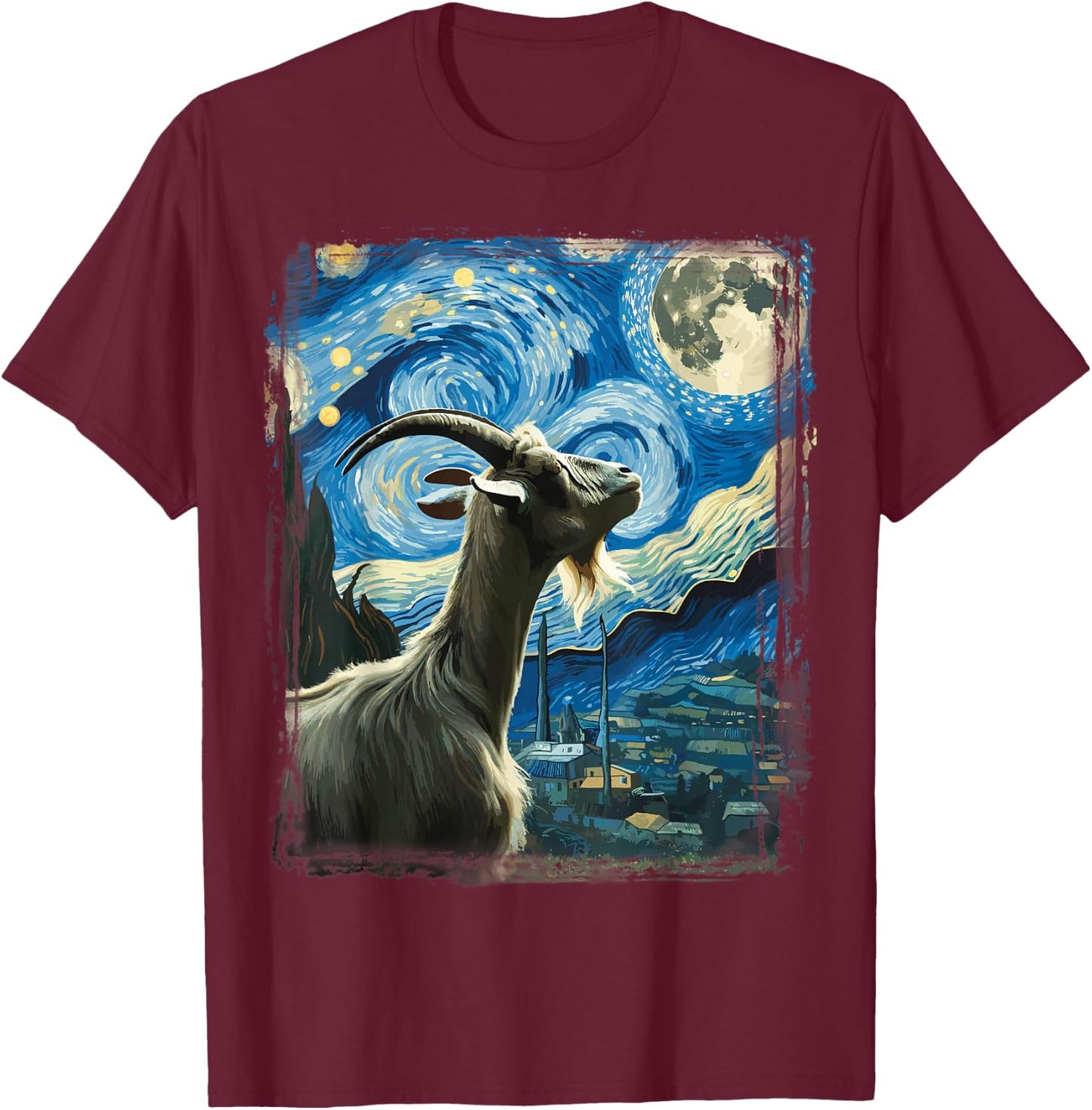 Goat Star Gazer - Artistic Van Gogh Style Starry Night Goat T-Shirt - T-Shirt | Maroon
