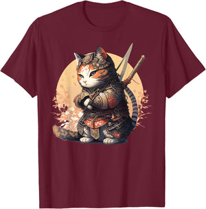 Samurai Cat Warrior Japanese Ninja Cat Kawaii T-Shirt - T-Shirt | Maroon