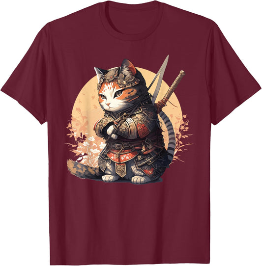 Samurai Cat Warrior Japanese Ninja Cat Kawaii T-Shirt - T-Shirt | Maroon