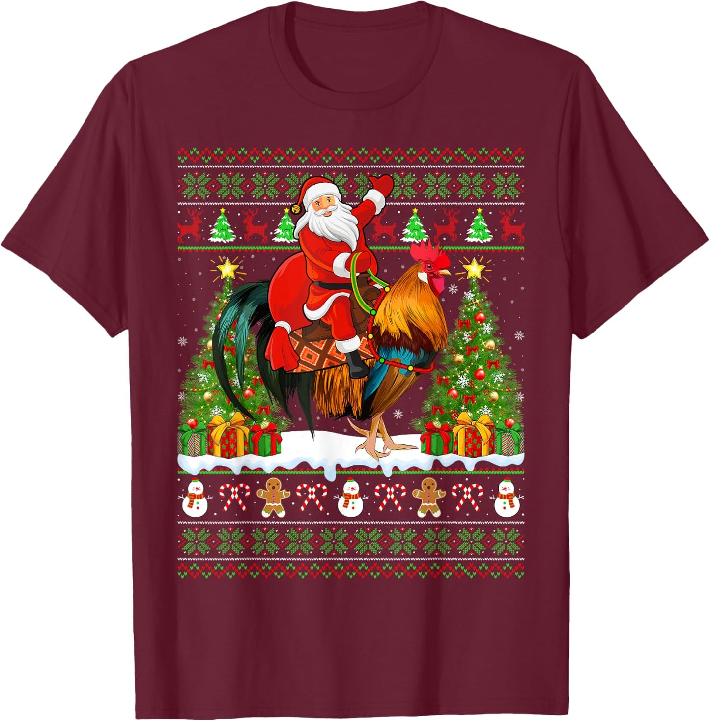 Rooster Bird Lover Funny Ugly Santa Riding Rooster Christmas T-Shirt - T-Shirt | Maroon