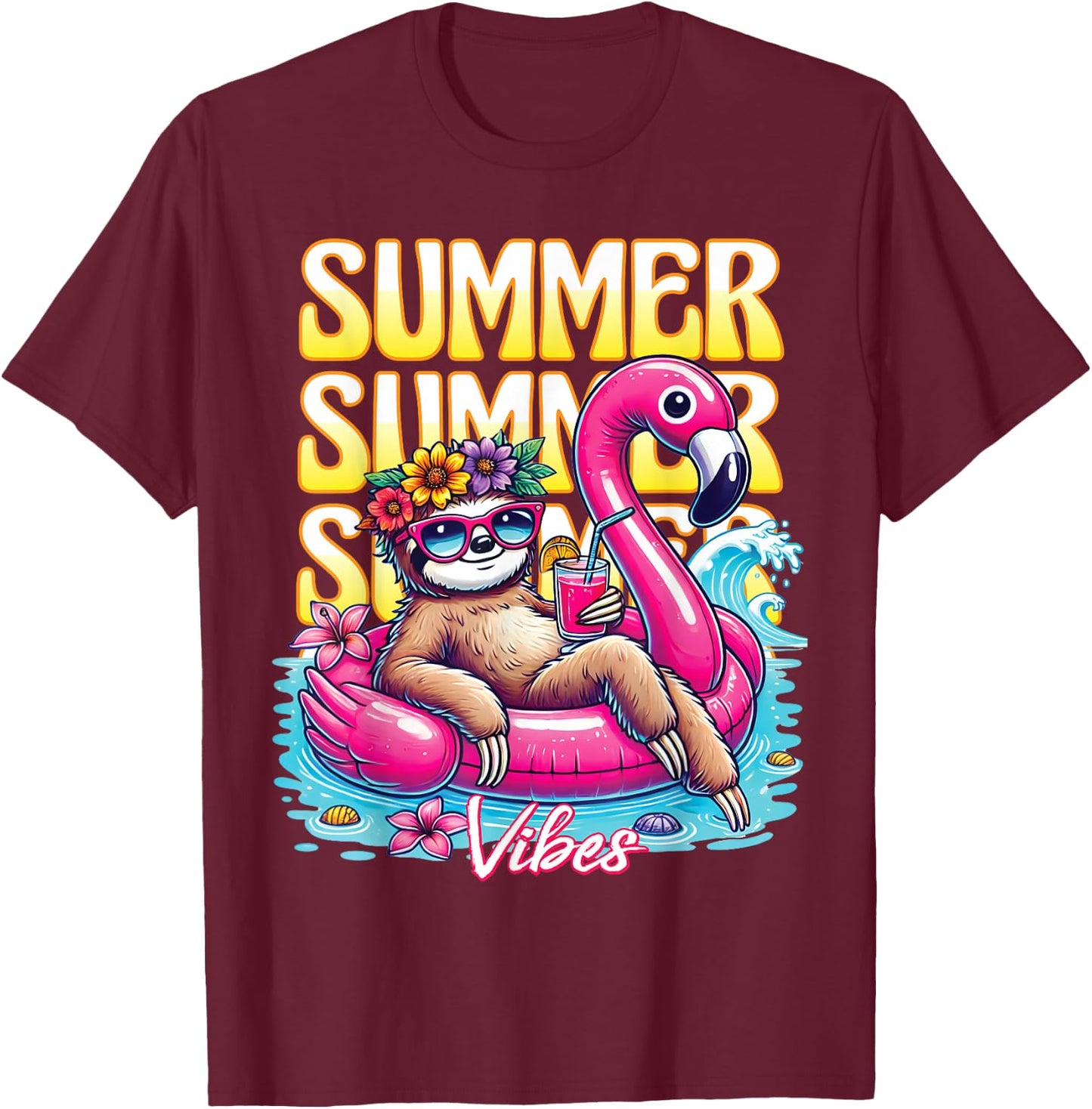 Summer Vibes Funny Sloth Sunglasses Beach Cute Vacation T-Shirt - T-Shirt | Maroon