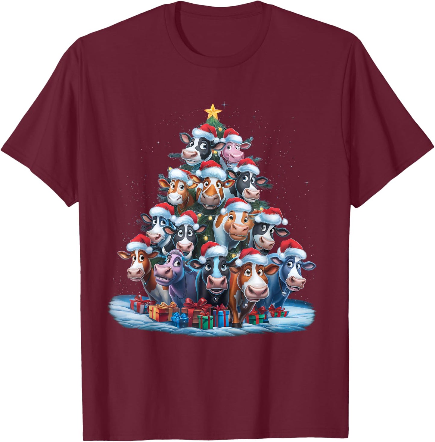 Cow Christmas Tree Lights Xmas Pajamas Pajama Santa Hat Cute T-Shirt - T-Shirt | Maroon