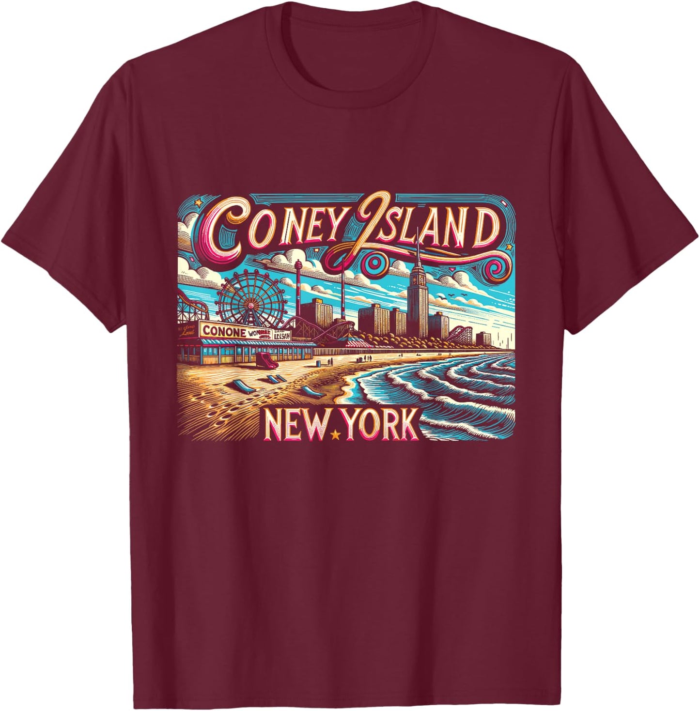 Coney Island New York Travel Summer Family Vacation T-Shirt - T-Shirt | Maroon