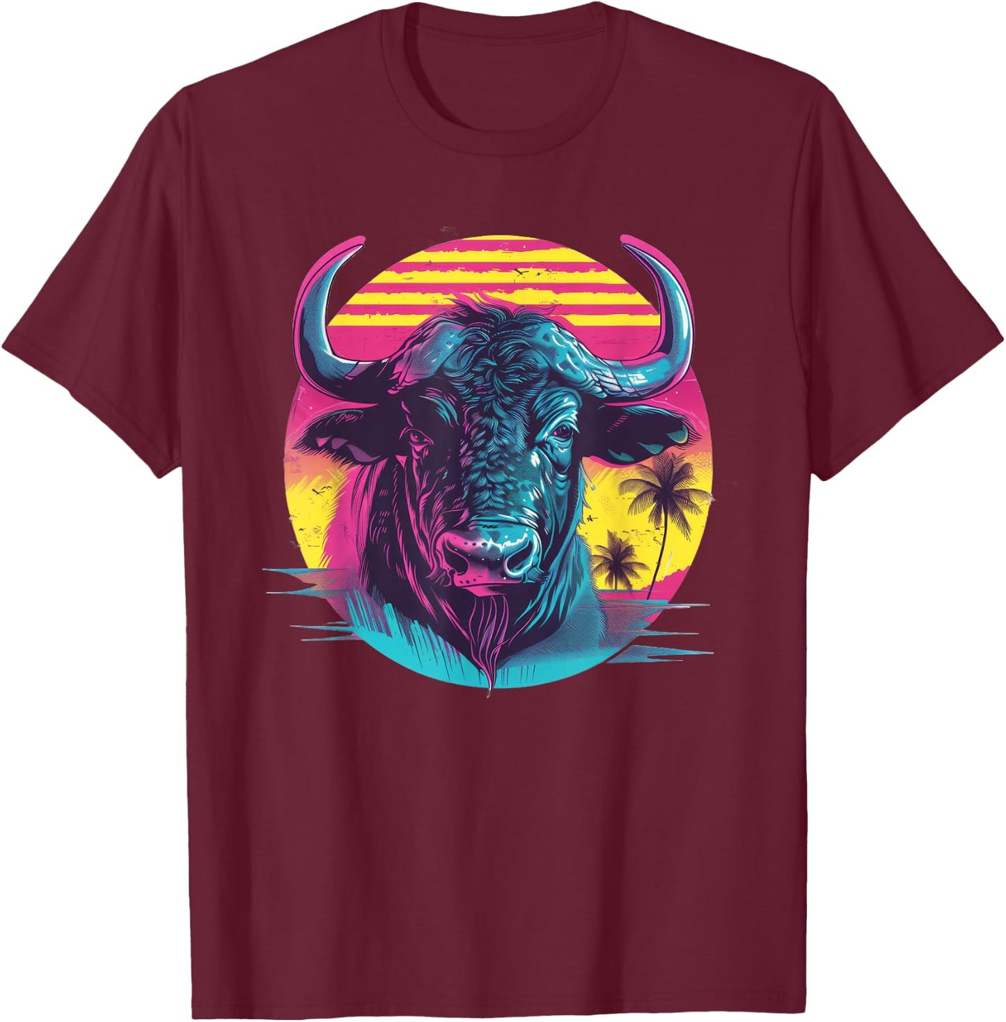 Water Buffalo Synthwave T-Shirt - T-Shirt | Maroon