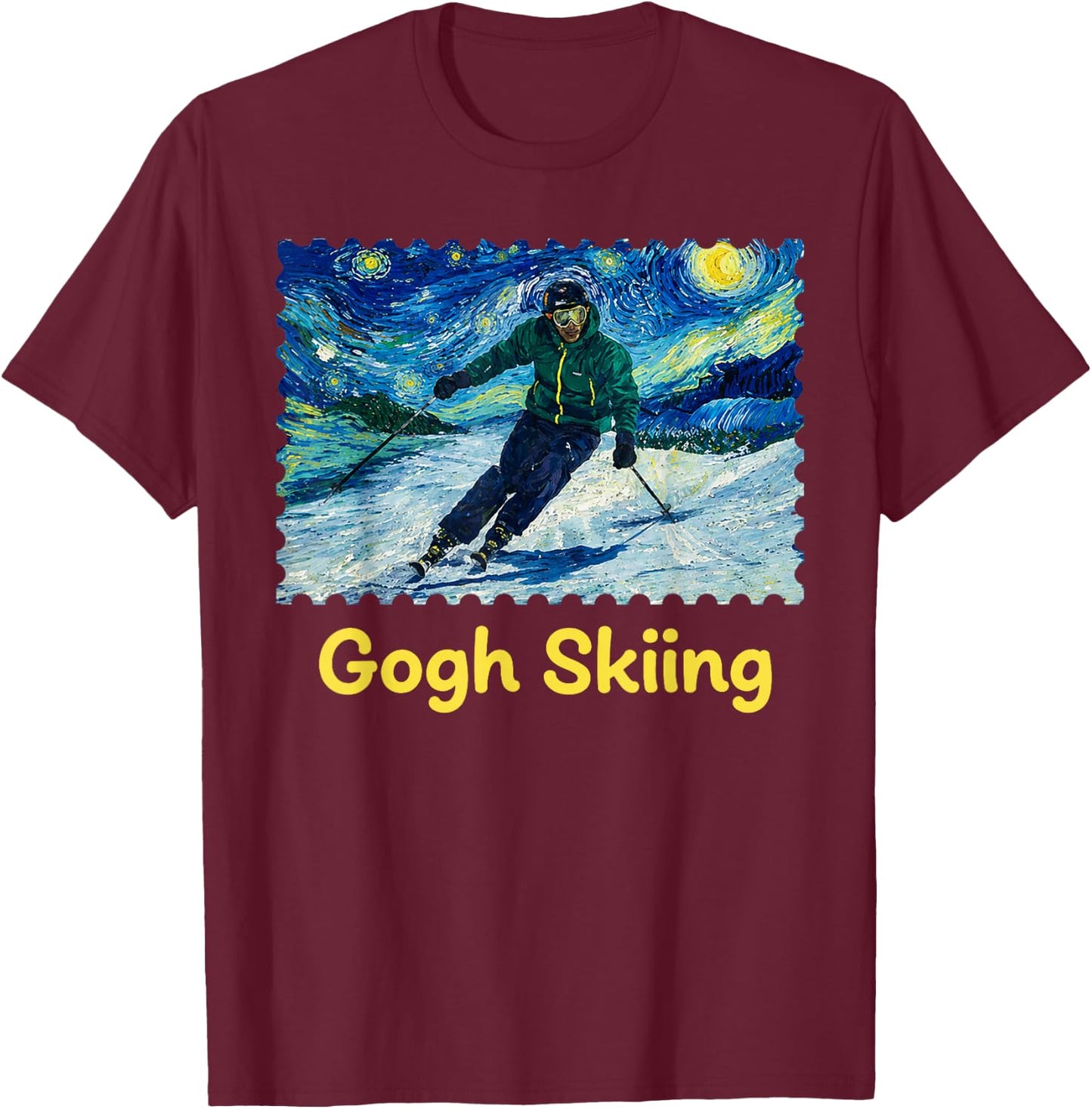 Gogh Skiing Ski Funny Van Gogh Pun Winter Sports Art Design T-Shirt - T-Shirt | Maroon