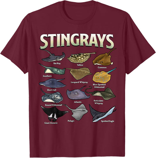 Stingrays of the World Ocean Species Collection Marine Life T-Shirt - T-Shirt | Maroon