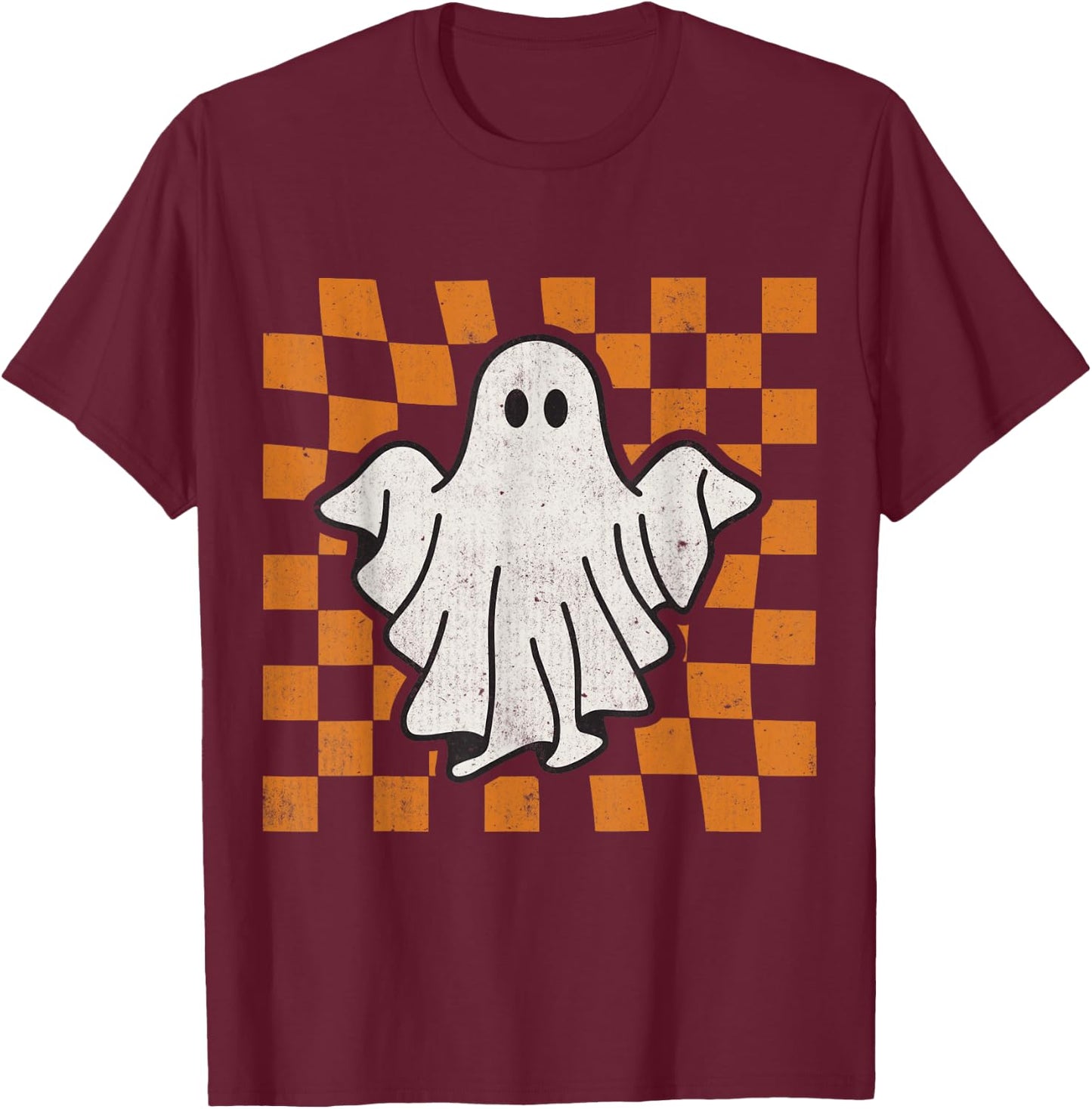 Retro Vintage Checkered Ghost Trendy Funny Halloween T-Shirt - T-Shirt | Maroon
