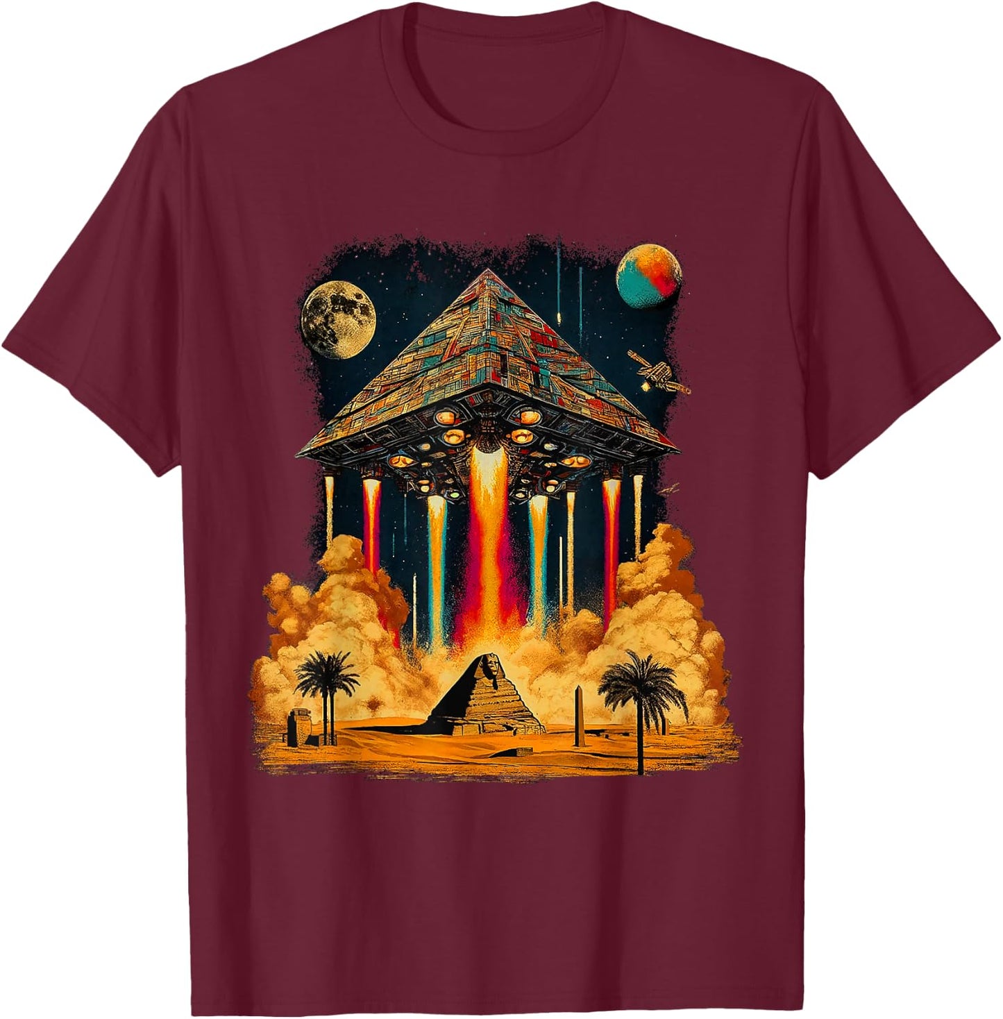 Alien Pyramid Ancient UFO Spaceship Design Astronaut Ancient , Black, S T-Shirt - T-Shirt | Maroon