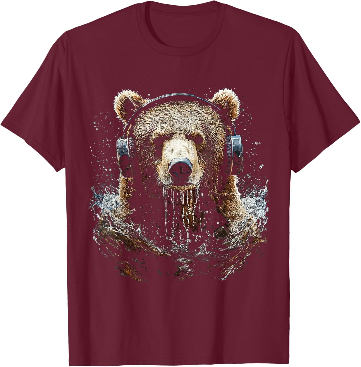 Bear Animal Motif Music Headphone Artwork Bear T-Shirt - T-Shirt | Maroon