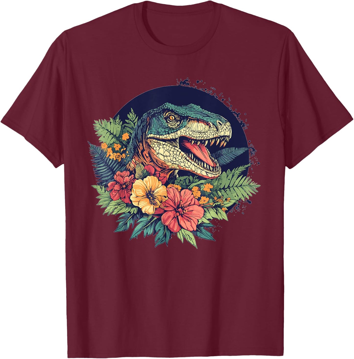 Dinosaur With Floral Background Artwork T-Shirt - T-Shirt | Maroon