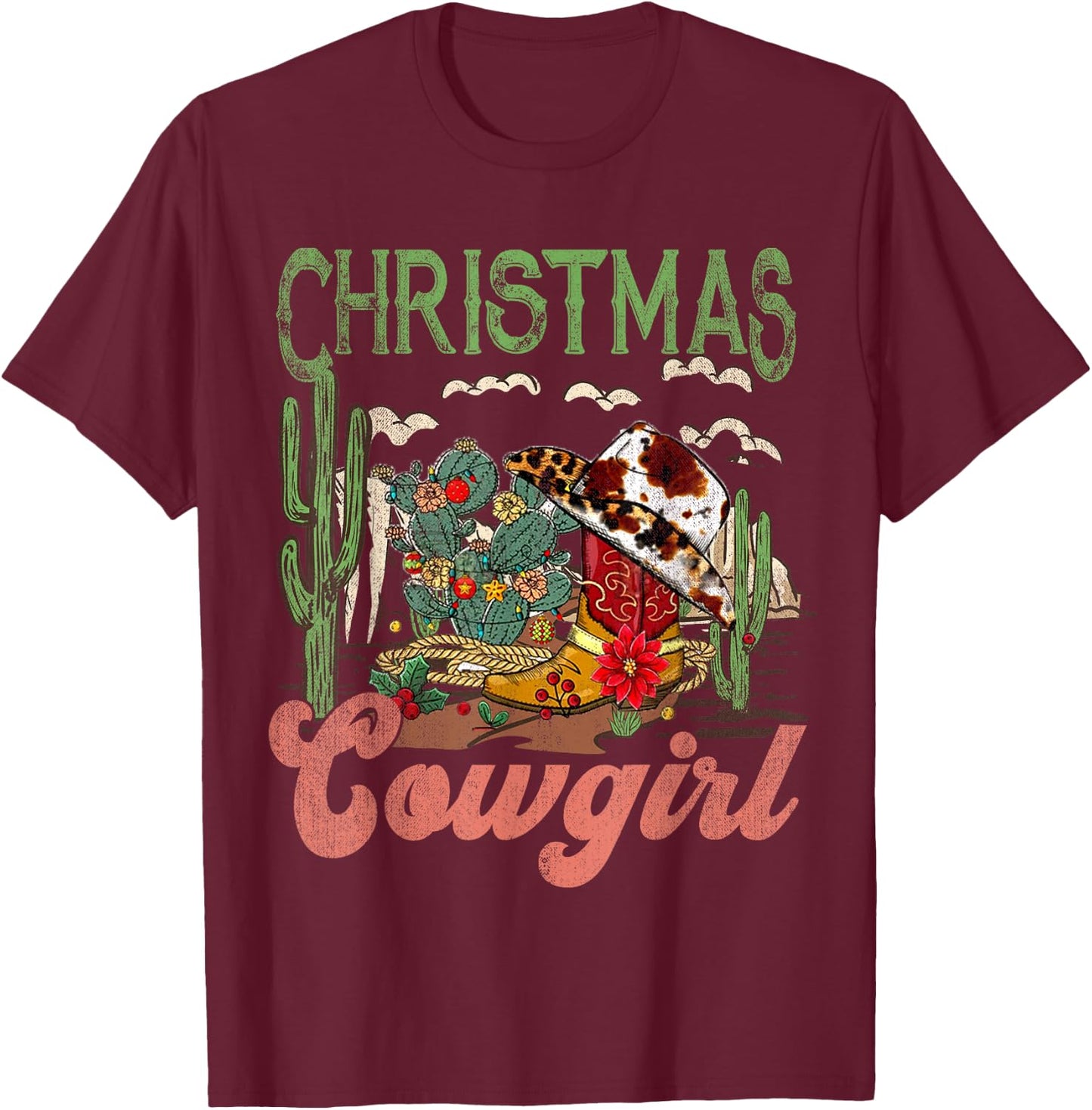 Christmas Cowgirl Western Xmas, Cowboy Xmas Boots T-Shirt - T-Shirt | Maroon