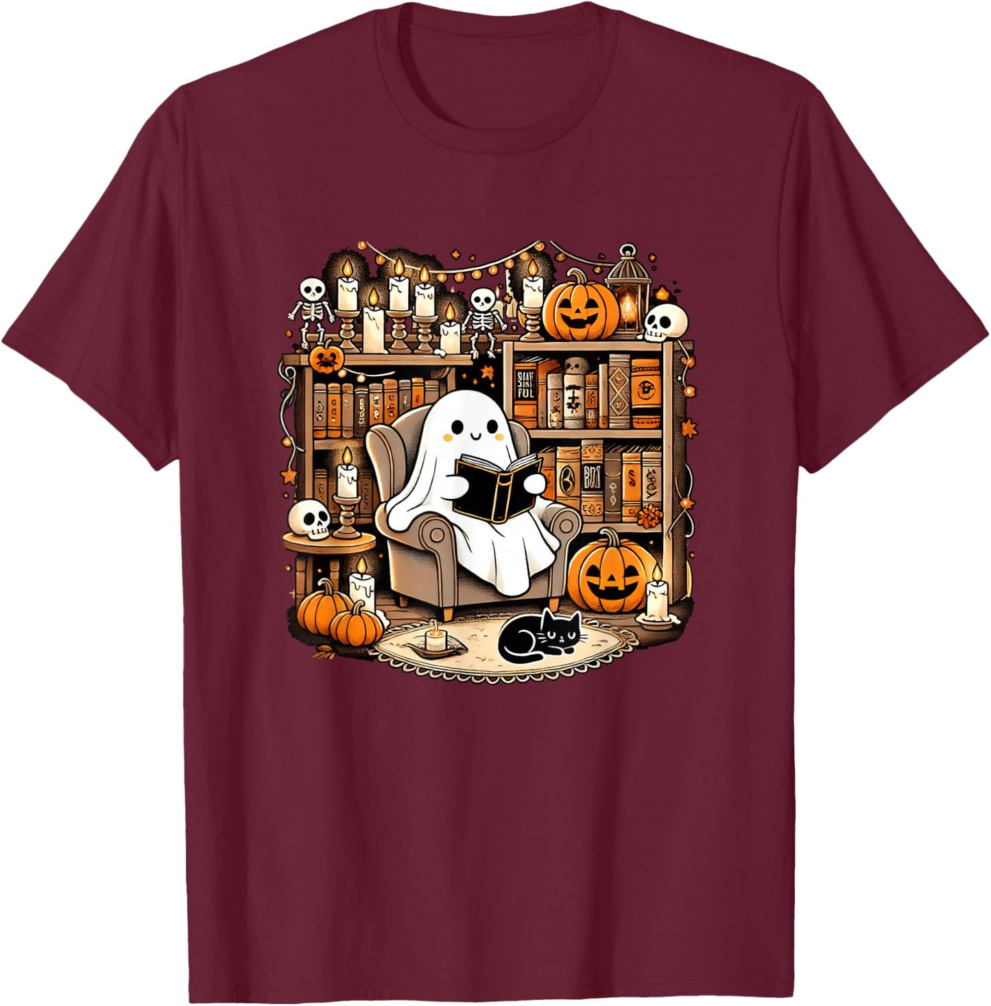 Vintage Ghost Reading Book Lovers Library Halloween Spooky T-Shirt - T-Shirt | Maroon
