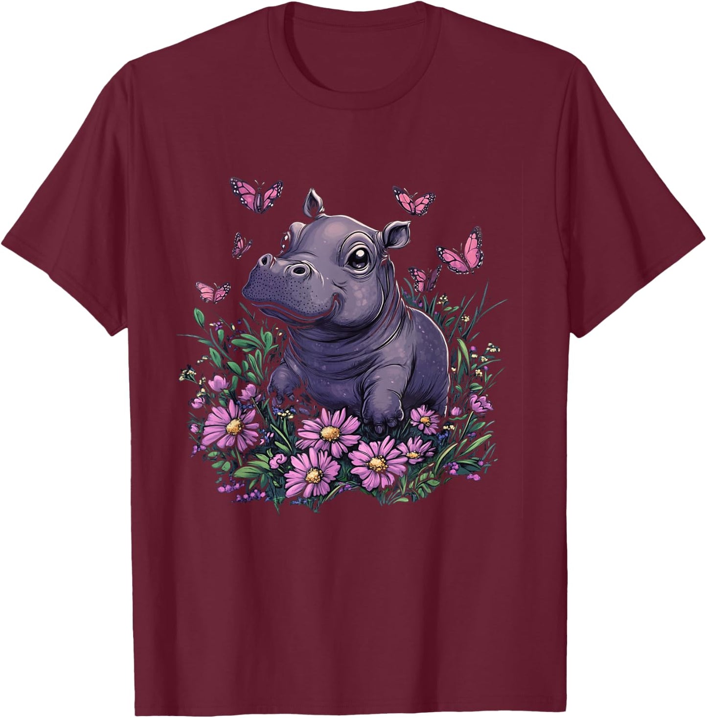 Cute Baby Hippo Pygmy with Flowers Girls T-Shirt - T-Shirt | Maroon