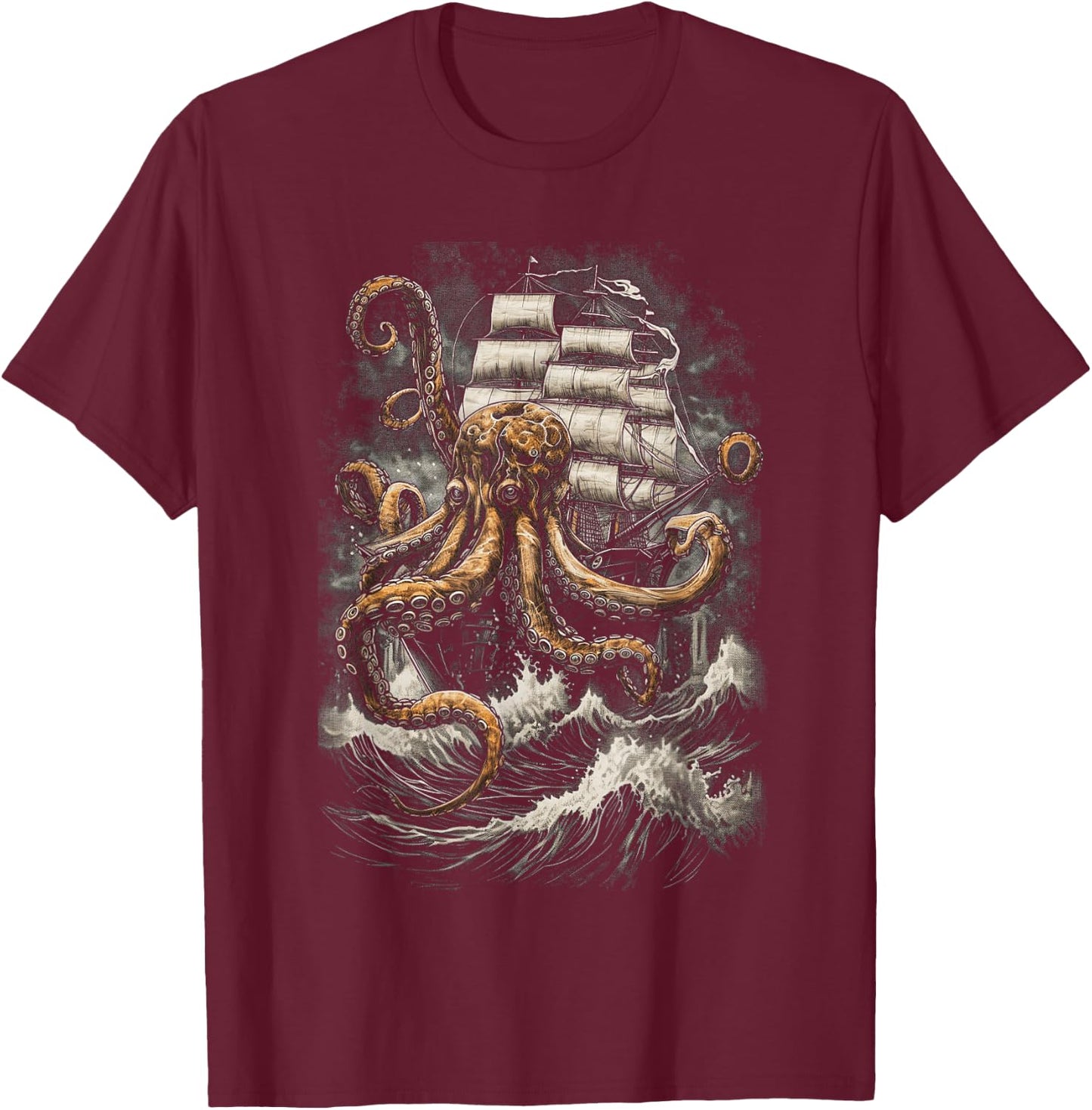 Giant Octopus Pirate Ship Vintage Kraken Sailing Squid T-Shirt - T-Shirt | Maroon