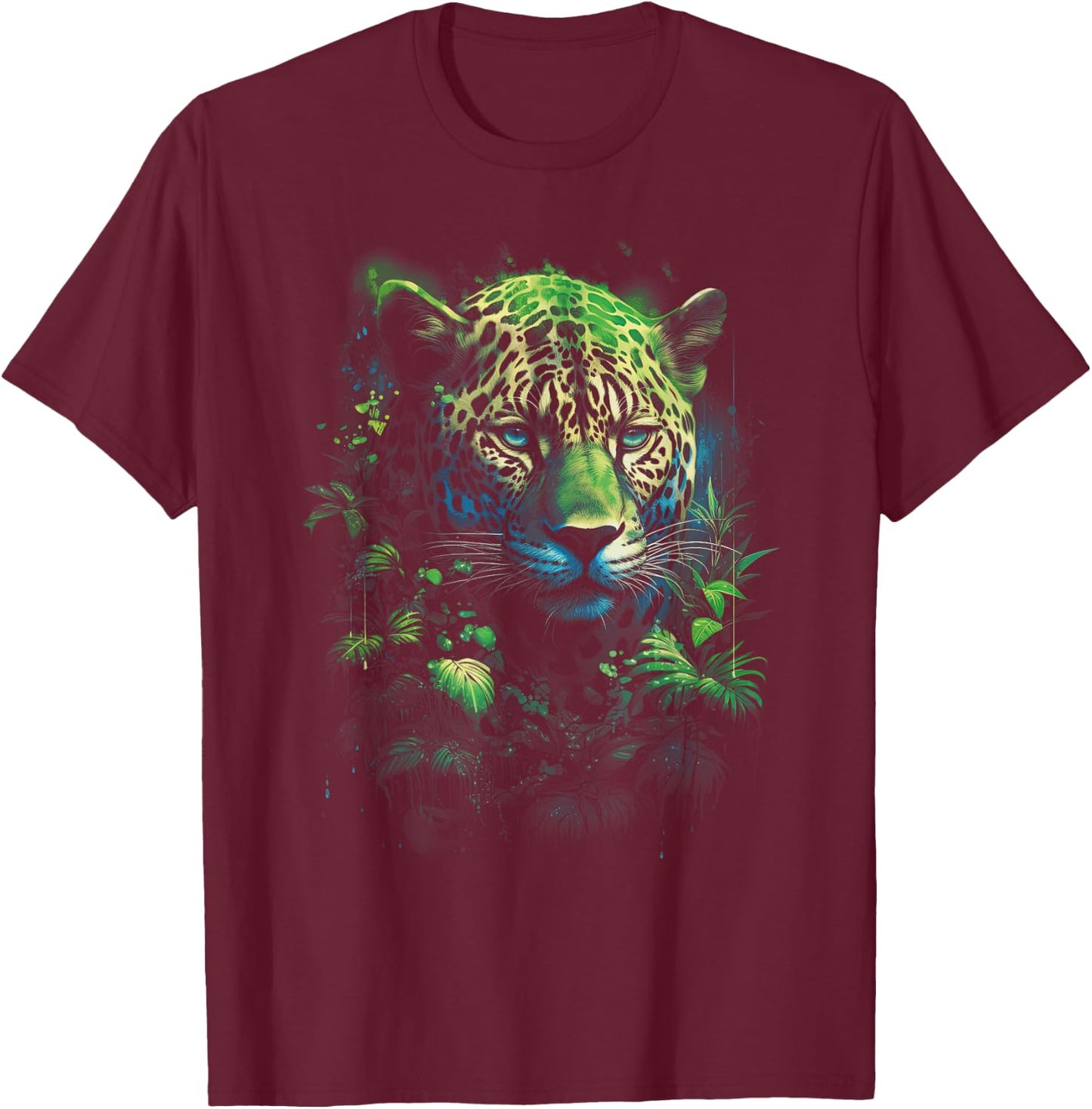 Animal Predator Jaguar Artwork Majestic Jaguar Jungle Wildlife Illustration - Black, -Adults, -Kids, Short Sleeve, Straight, Modern, Casual, All Seasons T-Shirt - T-Shirt | Maroon
