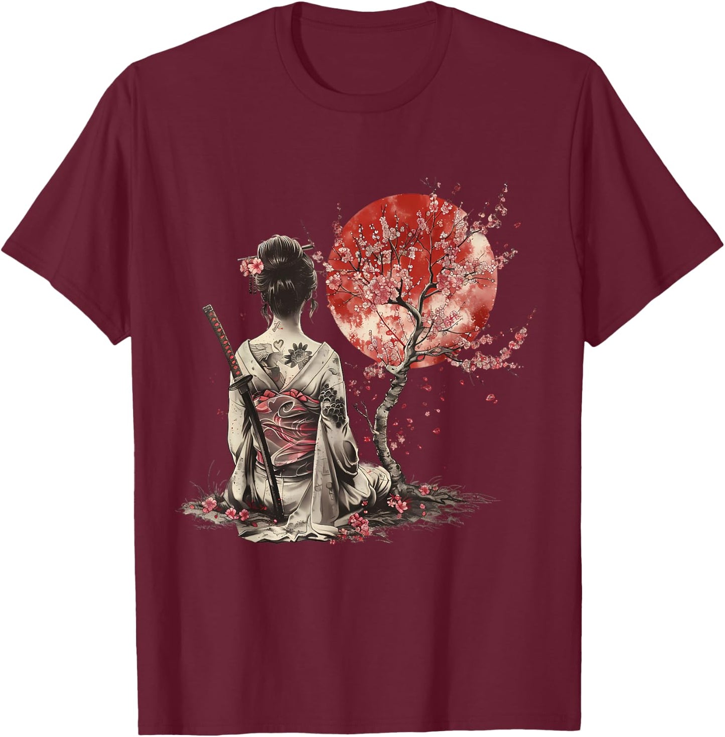 Japanese Samurai Sakura Cherry Blossom Japanese Geisha , Black, S T-Shirt - T-Shirt | Maroon