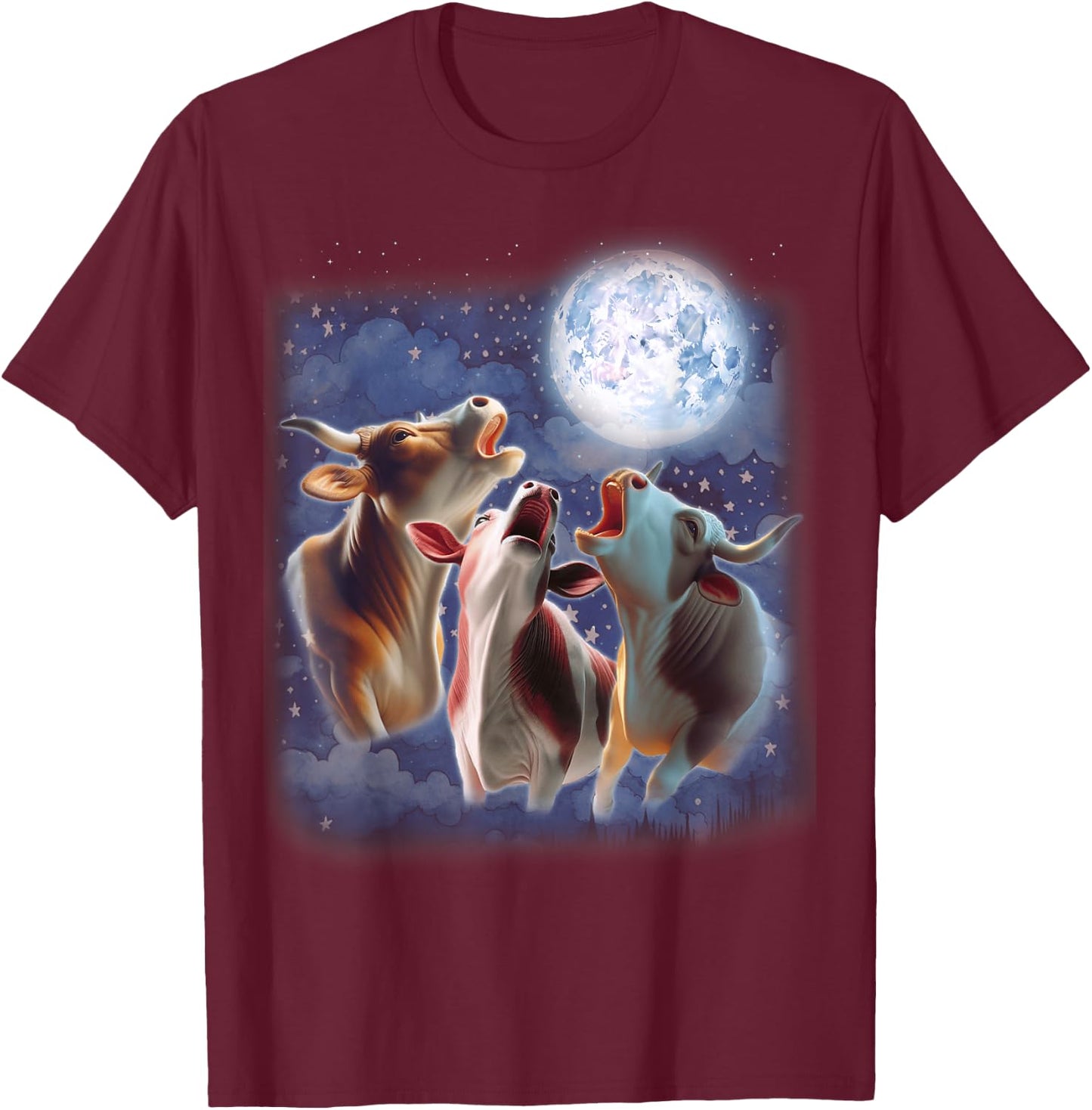 3 Cows Howling At The Moon Funny Cow Lover Animal Farmer T-Shirt - T-Shirt | Maroon