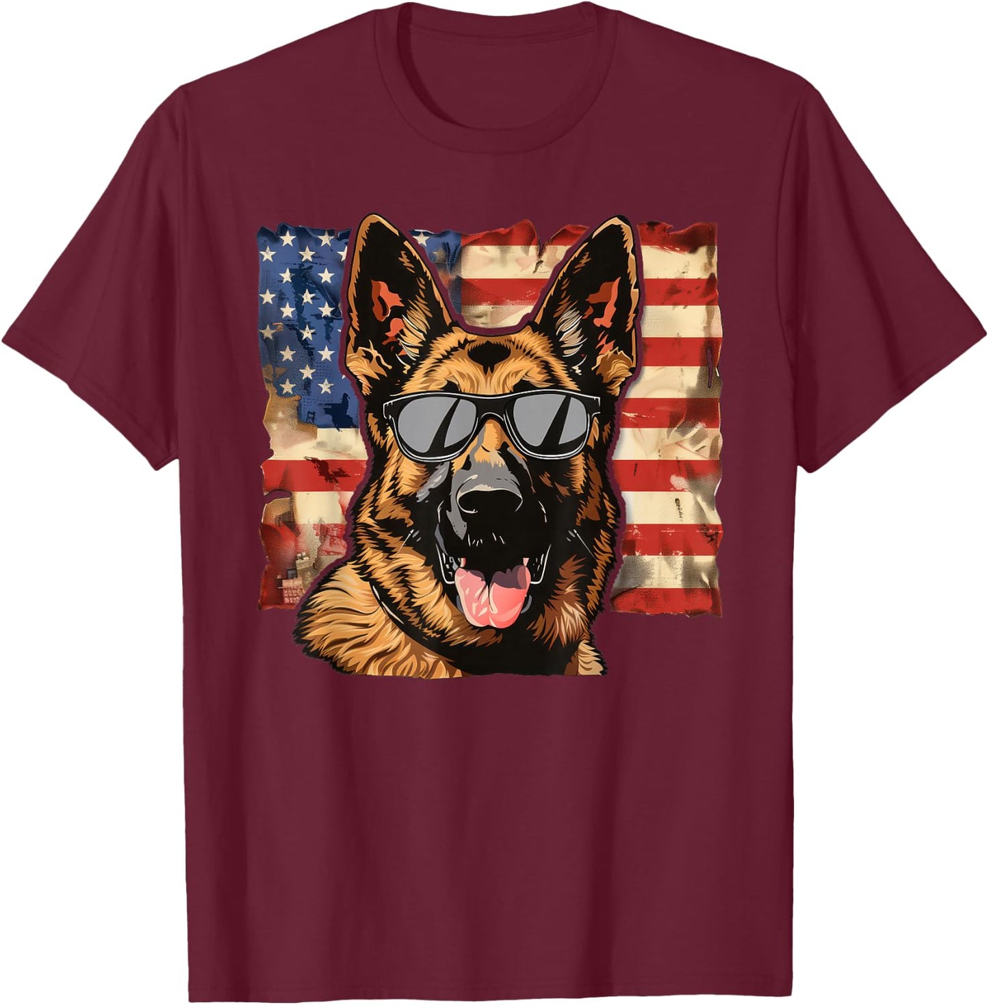 German Shepherd Dog USA America Flag 4th of July T-Shirt - T-Shirt | Maroon