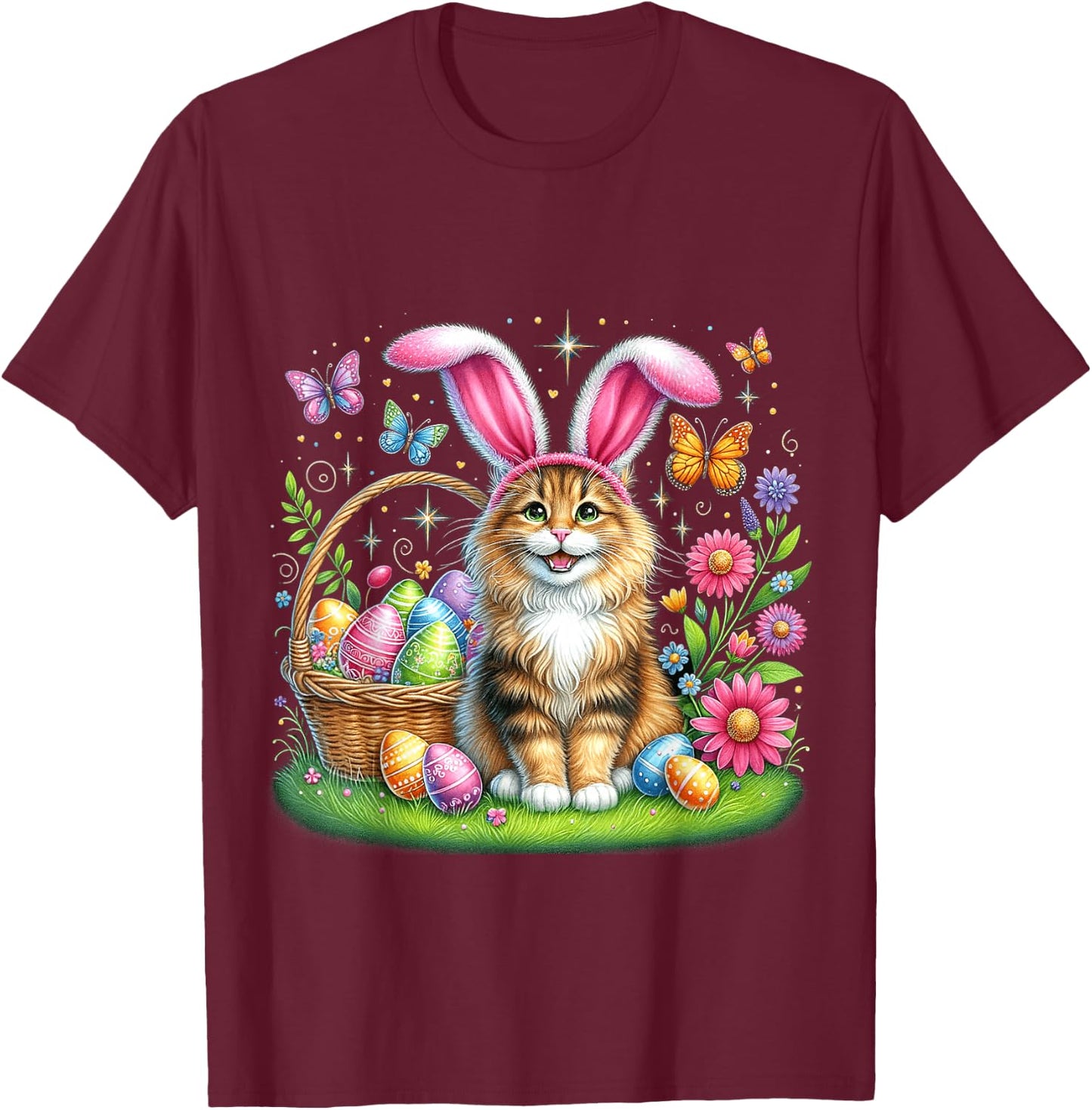 Happy Easter Cute Bunny Norwegian Forest Cat Easter Basket Women Girls Kids T-Shirt - T-Shirt | Maroon