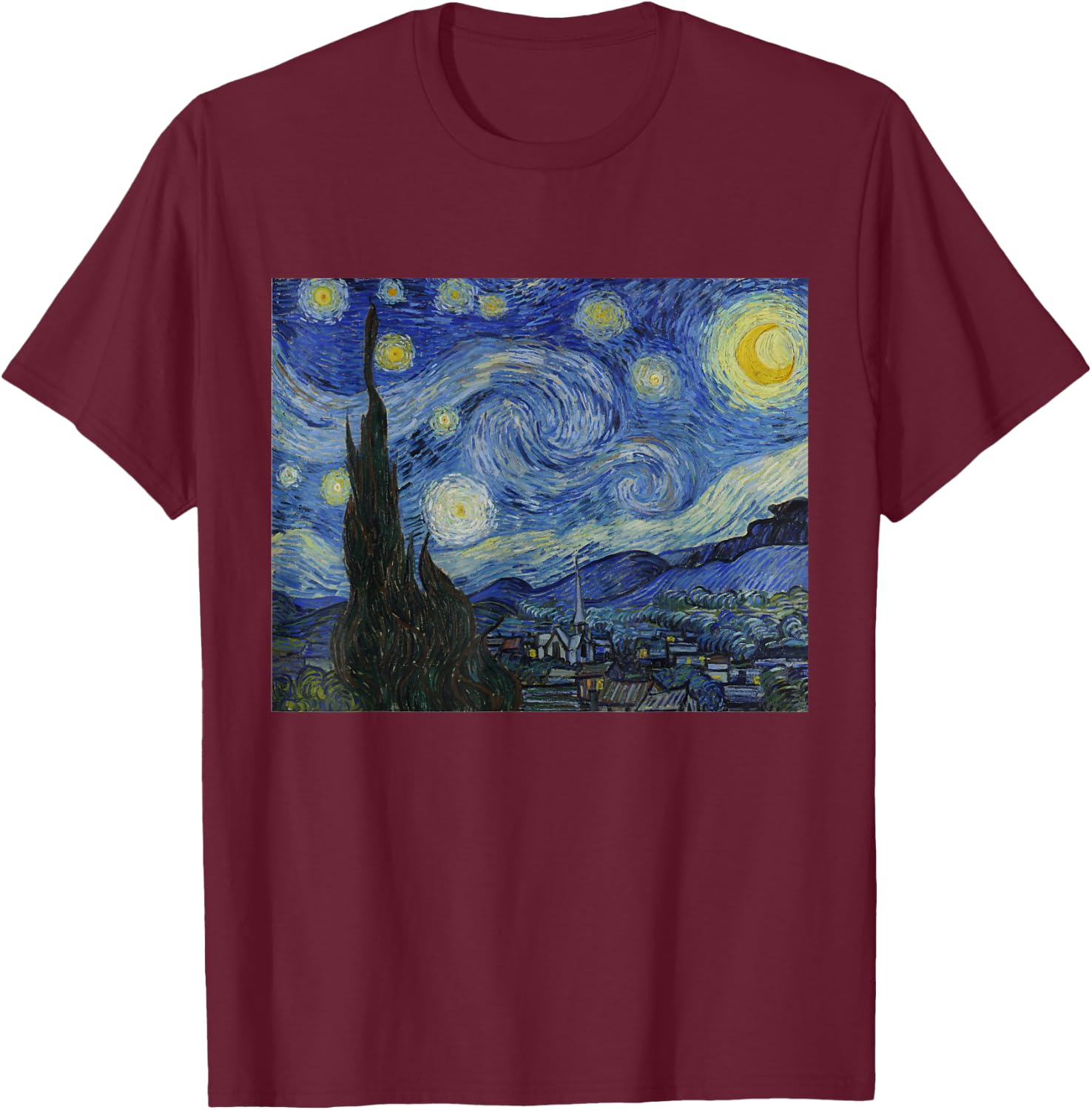 Starry Night by Vincent van Gogh | Famous Painting T-Shirt - T-Shirt | Maroon