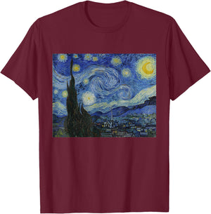 Starry Night by Vincent van Gogh | Famous Painting T-Shirt - T-Shirt | Maroon