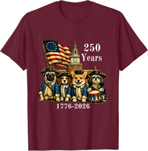 250 Years Patriotic Dogs 1776-2026 America Anniversary T-Shirt - T-Shirt | Maroon