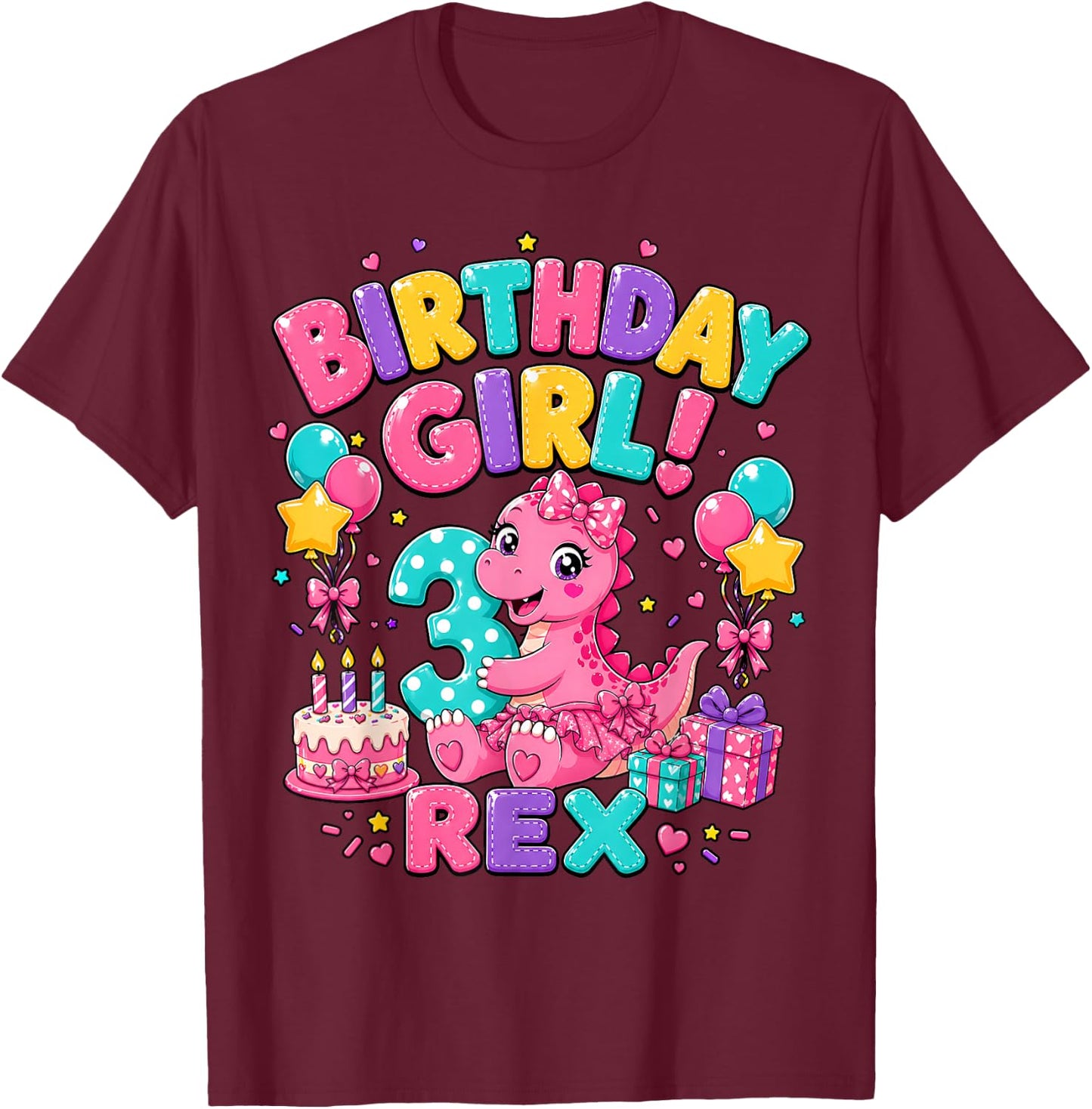 Rawr I'm 3 Three Rex Pink Dinosaur 3rd Birthday Girl Party T-Shirt - T-Shirt | Maroon