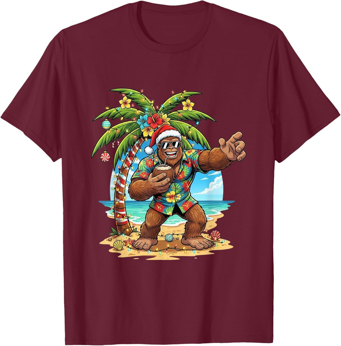 Santa Bigfoot Christmas in July Beach Funny Sasquatch T-Shirt - T-Shirt | Maroon