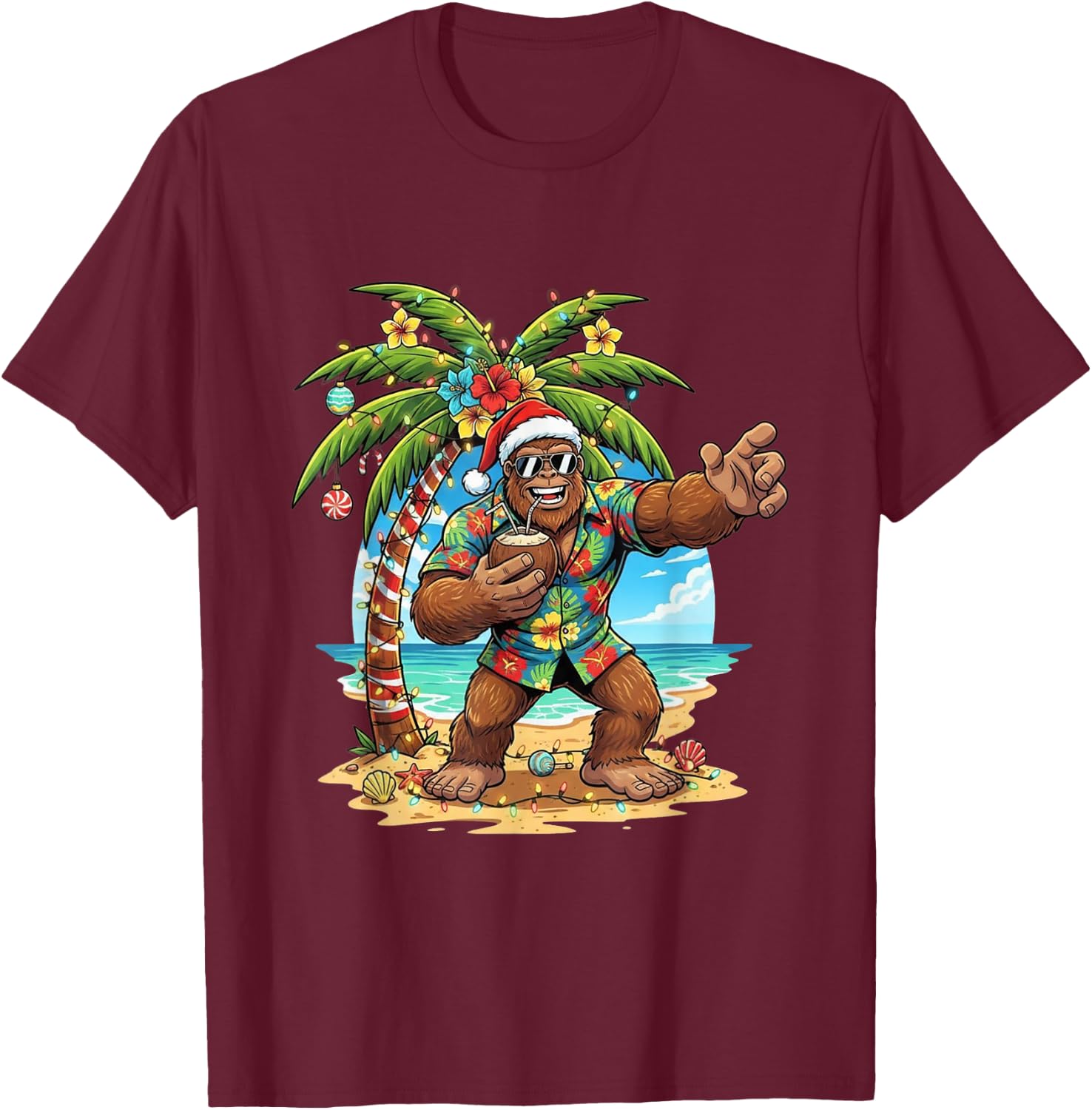 Santa Bigfoot Christmas in July Beach Funny Sasquatch T-Shirt - T-Shirt | Maroon